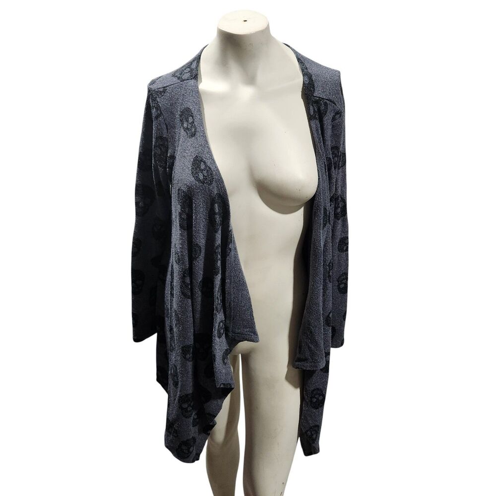 Hot Topic Skull Cardigan Medium Gray Gothic Open Front Drape Sweater